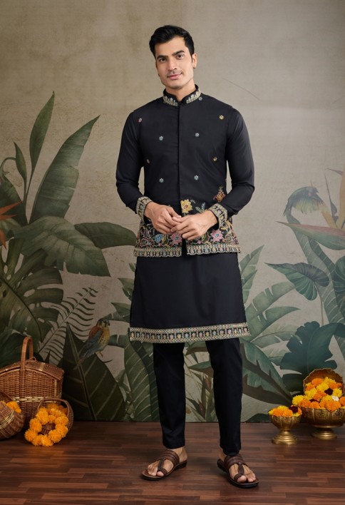 Embroidery Black Cotton Kurta & Koti Jacket